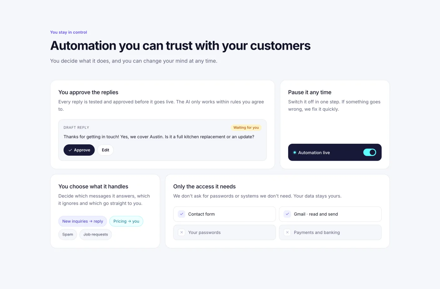 The You stay in control section of aiqo.work: approve replies, pause any time, choose what it handles, and only the access it needs