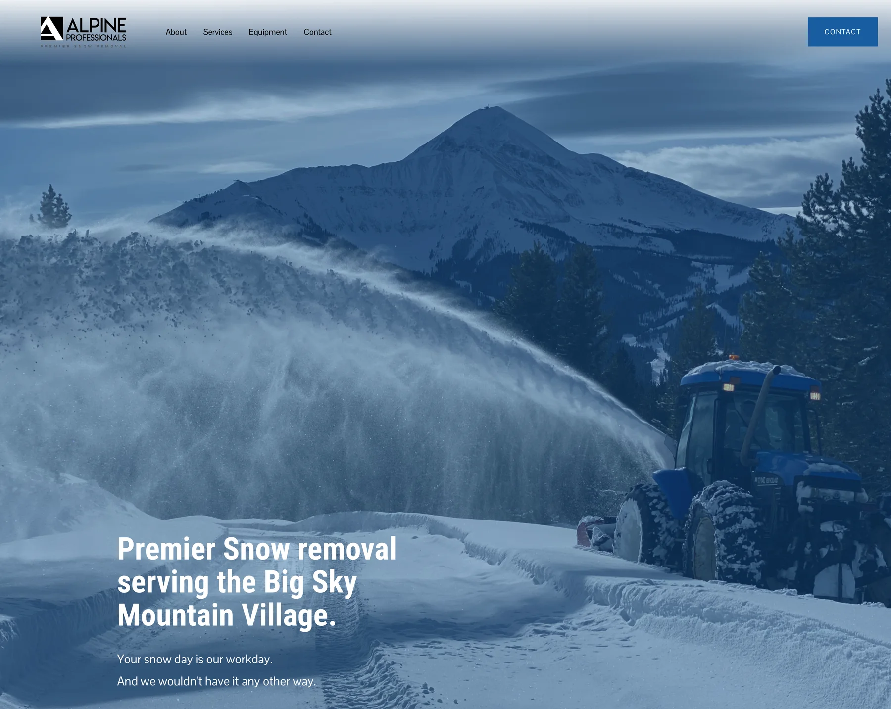 Alpine Professionals homepage: a snowblower clearing snow beneath Lone Peak