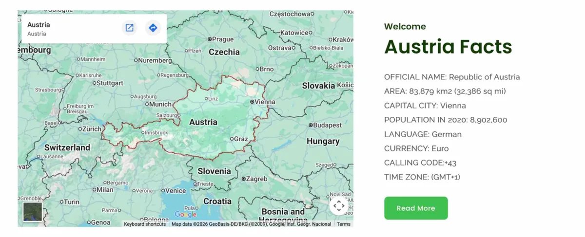 Austria facts beside a map of Central Europe