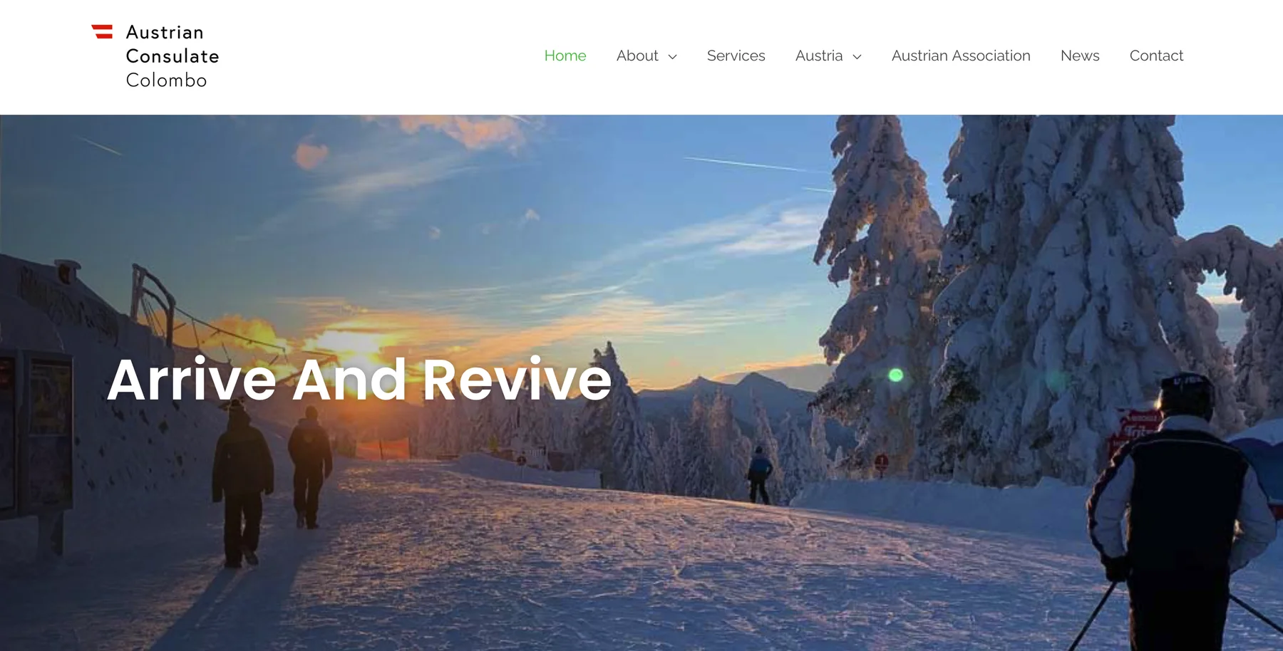 Austrian Consulate Colombo homepage: Arrive and Revive over a snowy Alpine ski slope at sunset