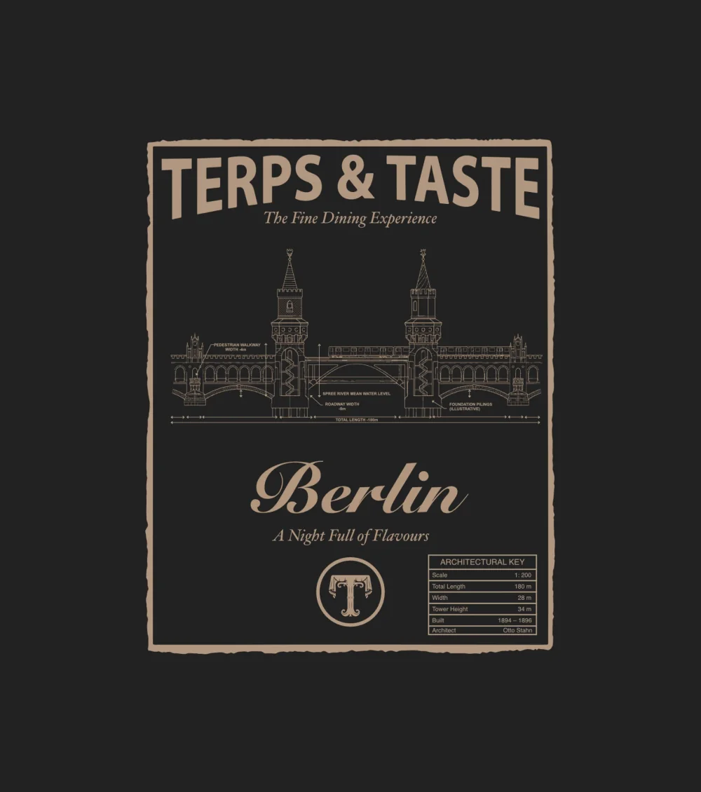 Terps and Taste Berlin design: a technical line drawing of Berlin's Oberbaum Bridge with an architectural key