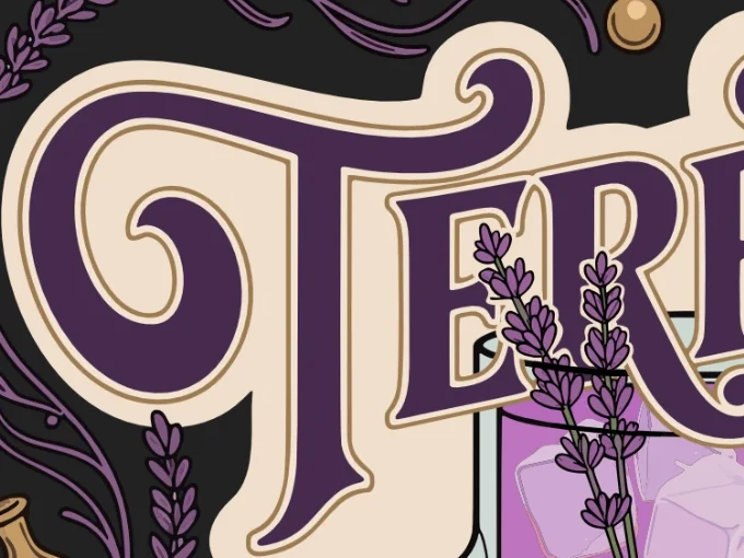 Close-up of the ornate Terptini lettering with an inline gold outline
