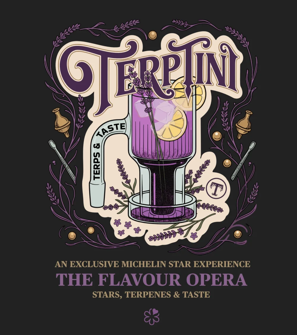 Terptini design: ornate purple lettering, lavender botanicals and a layered cocktail glass on a dark shirt