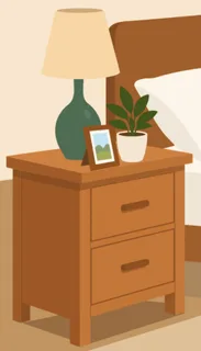 Bedside cabinet with lamp and plant asset