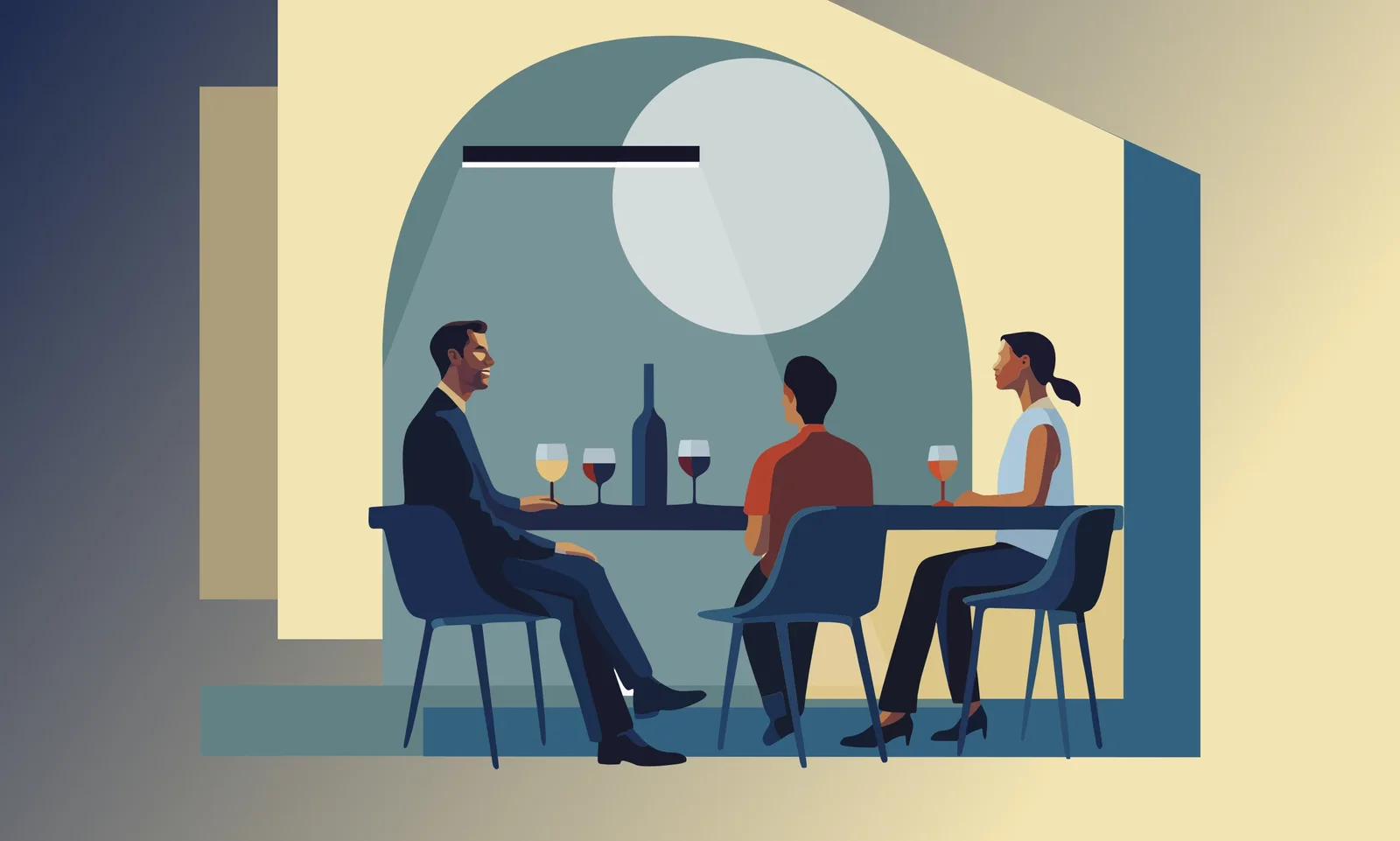 Three people talking over wine at a table beneath an arched window and a pale moon