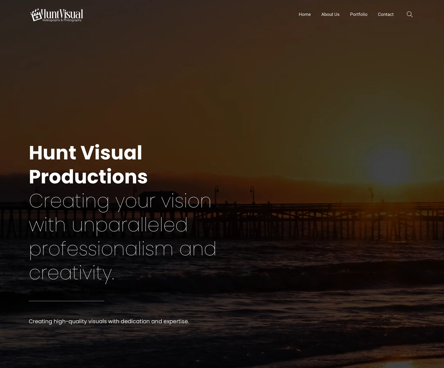 Hunt Visual homepage hero: sunset over a pier