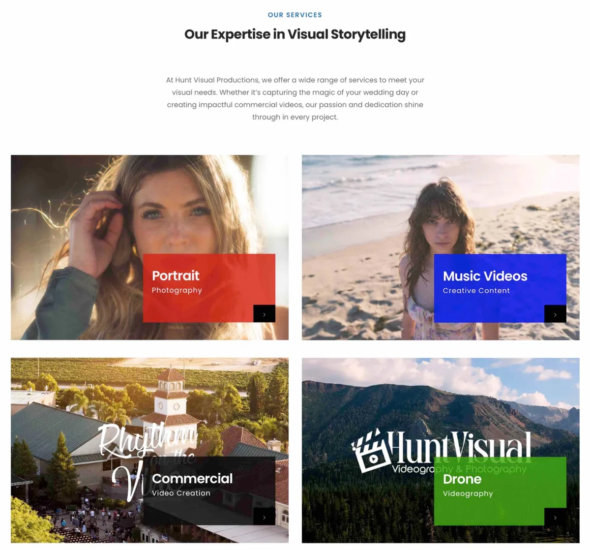 Our Expertise in Visual Storytelling: four color-coded service tiles