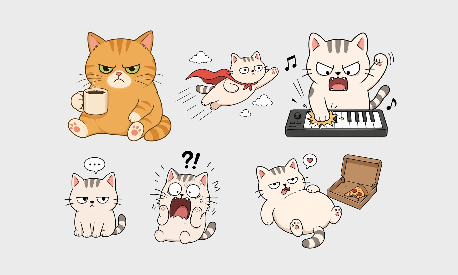 Six cat illustrations: grumpy with coffee, flying superhero, furious keyboard player, unimpressed, shocked, and food coma with pizza