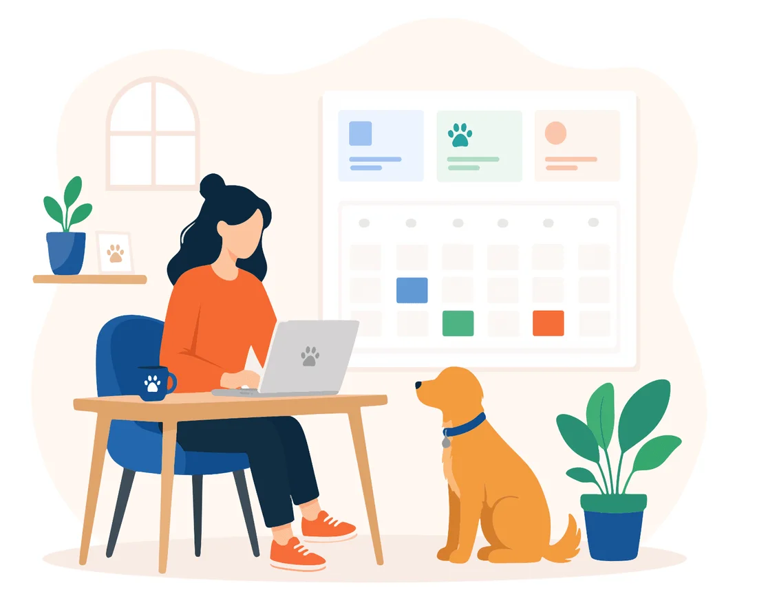 A woman at her laptop beside a booking calendar, with her golden dog sitting nearby