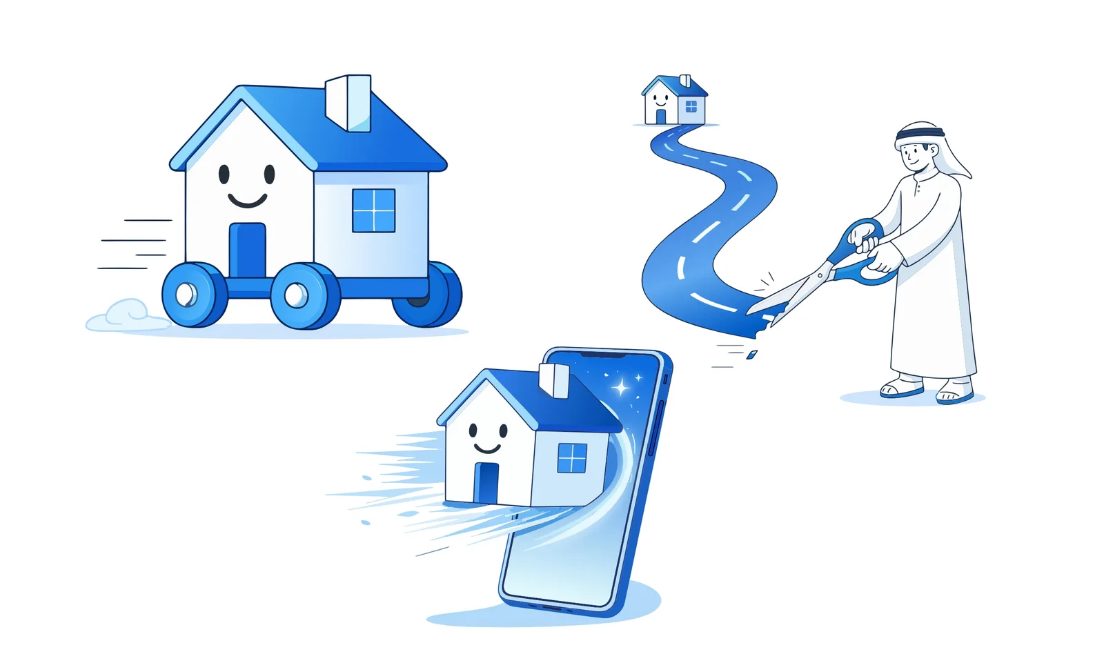A house on wheels, a house bursting from a phone, and a man cutting a winding road with scissors