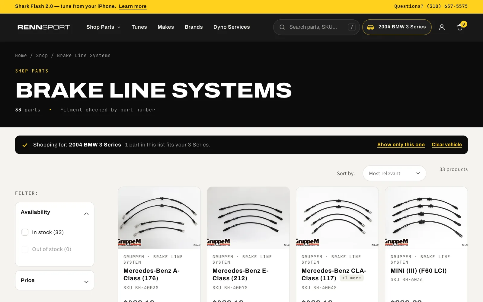 RENNSPORT collection page shopping for a 2004 BMW 3 Series, with fitment badges on the products