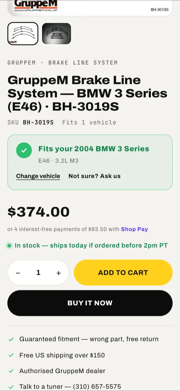 RENNSPORT mobile product page confirming the part fits the saved BMW