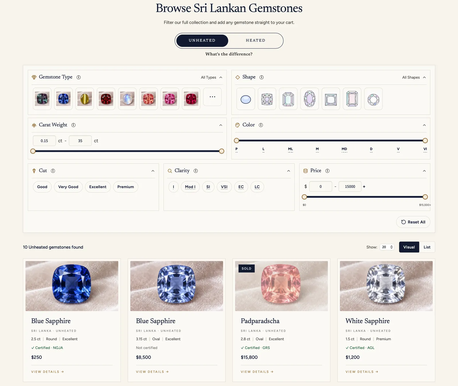 Browse Sri Lankan Gemstones page with unheated toggle, grading filters and certified gemstone cards