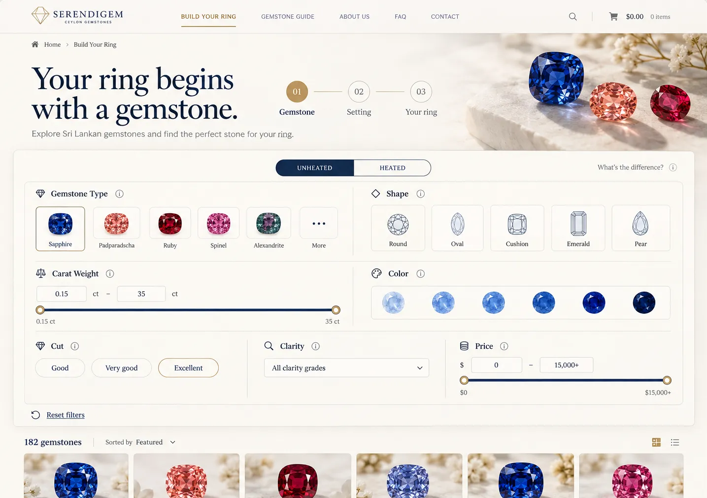Ring builder step one with gemstone type, shape, carat, color, cut, clarity and price filters