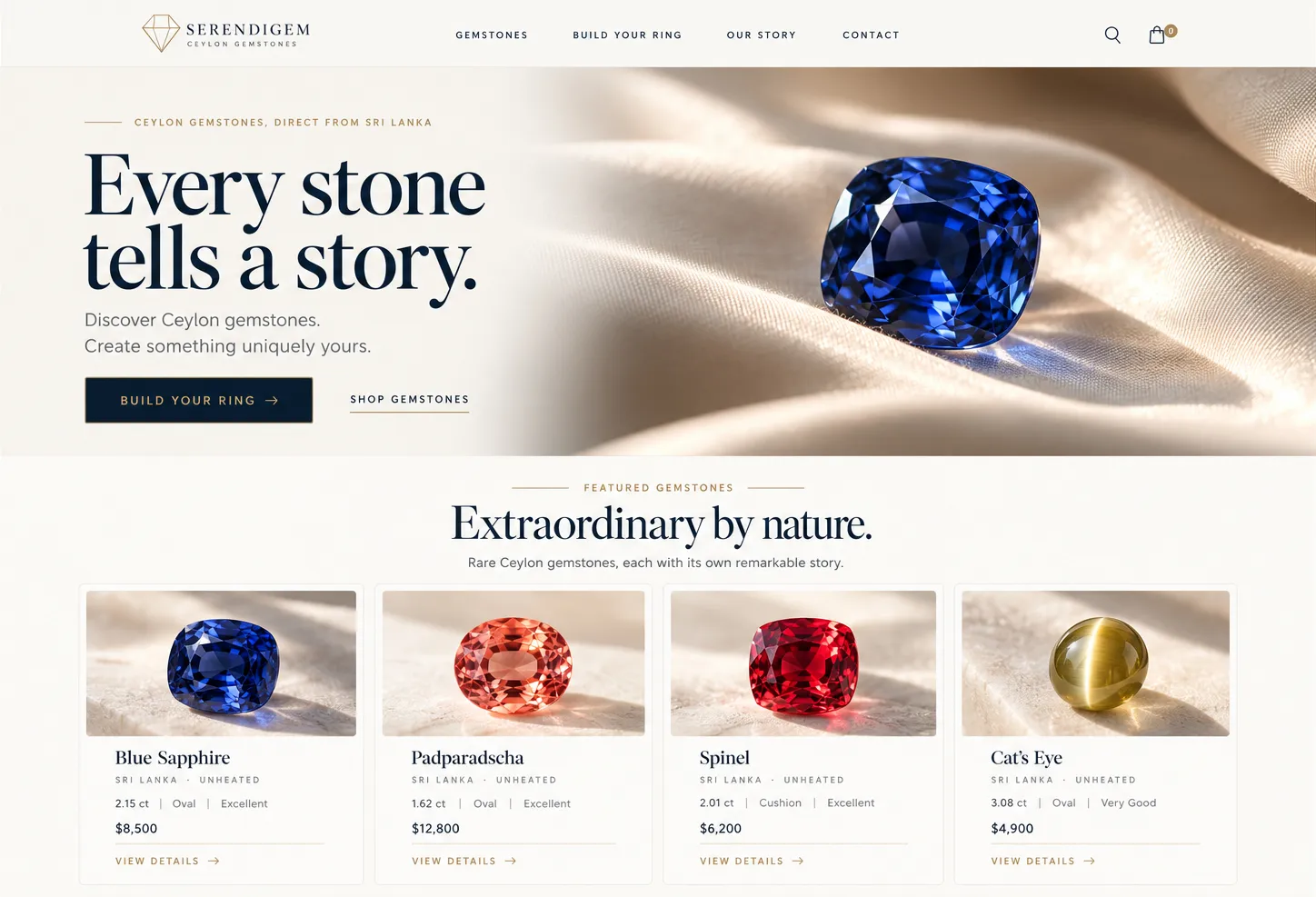 SerendiGem homepage with a sapphire hero and featured Ceylon gemstones