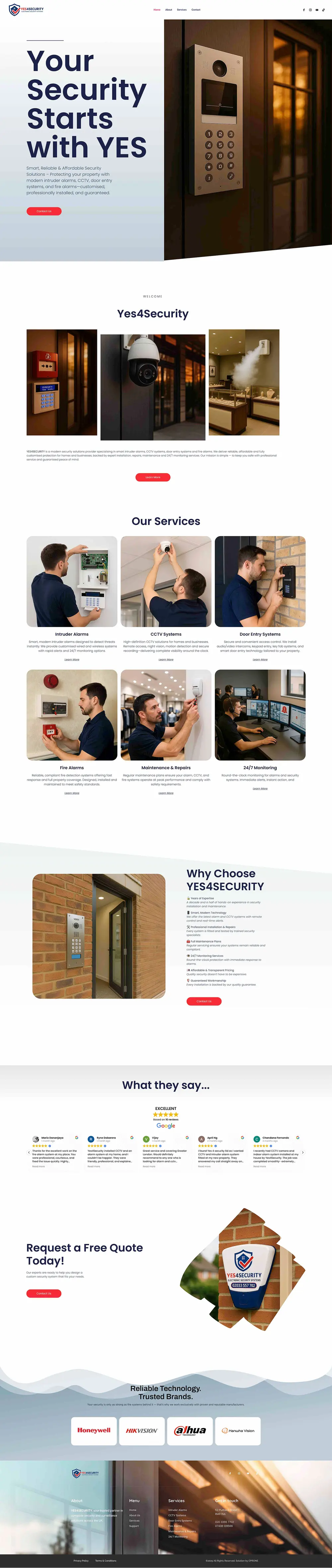 The full YES4Security homepage from hero to footer