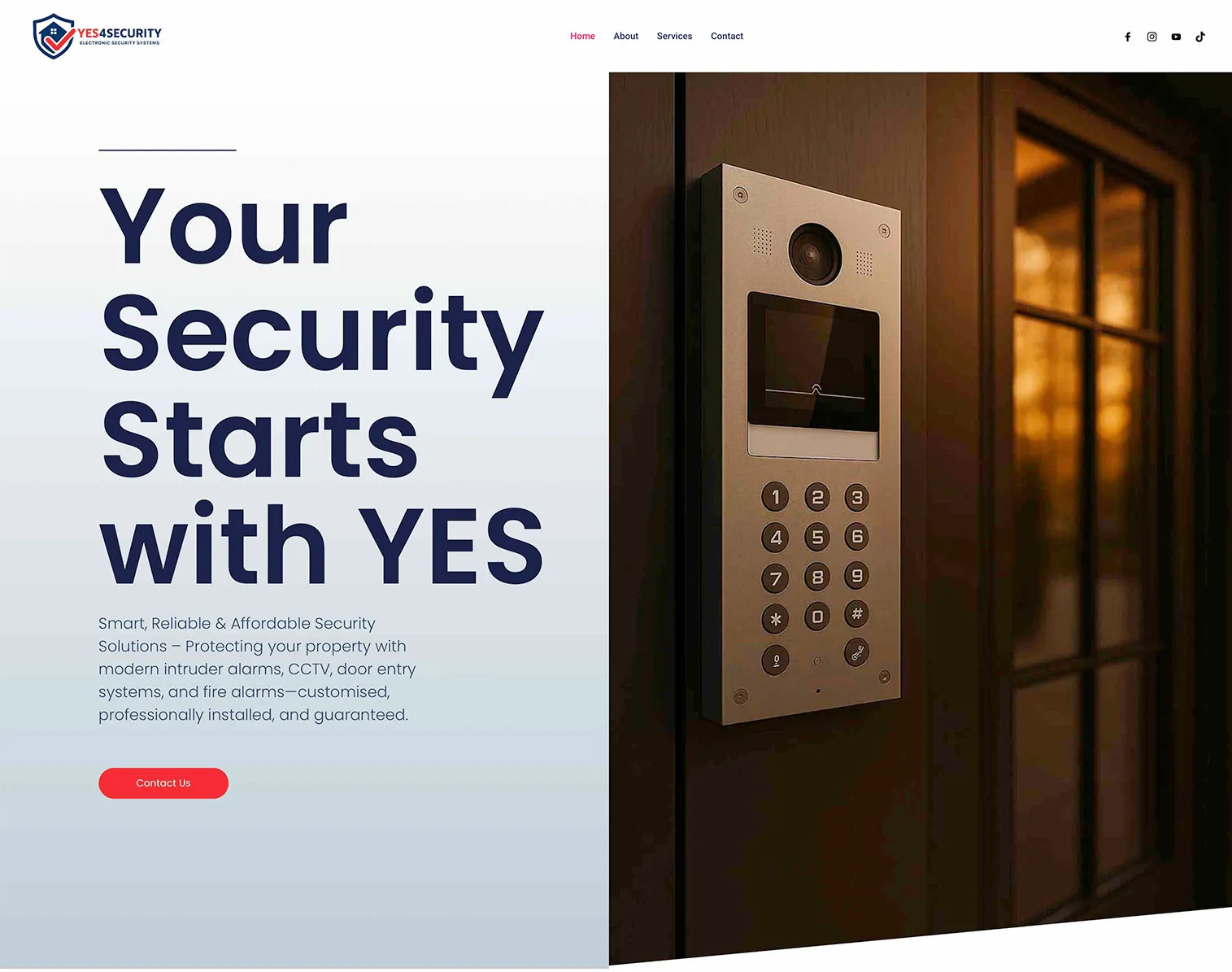 YES4Security homepage hero: Your Security Starts with YES, beside a door entry panel